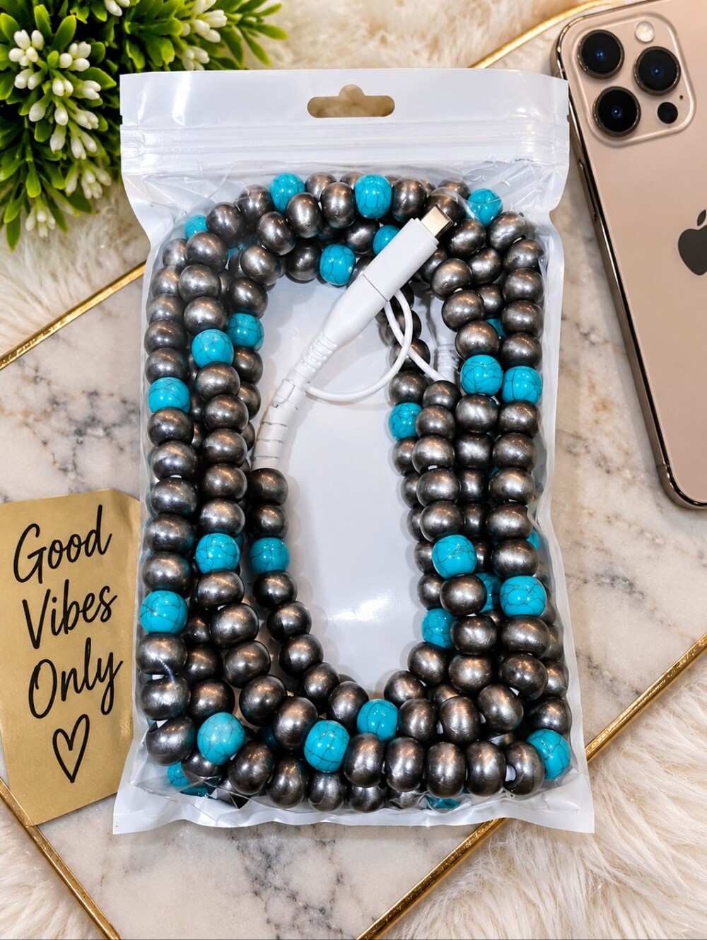 Universal Beaded Phone Charging Cable – Turquoise & Metallic Gray NEW